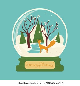 Merry christmas glass ball with fox in the forest. Celebratory scenery. Eve of New Year. Congratulatory postcard or greeting.