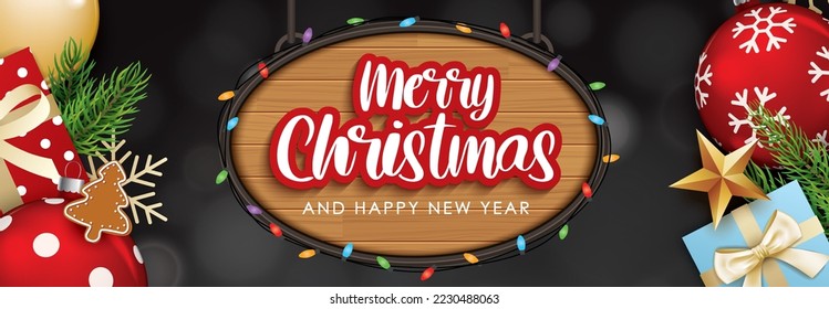 Merry christmas with glass ball and giftbox for flyer brochure background invitation theme concept. Happy holiday greeting banner and card template.