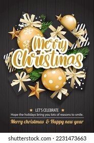 Merry christmas with glass ball and giftbox for flyer brochure background invitation theme concept. Happy holiday greeting banner and card template.