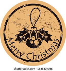 Merry Christmas glass ball with mistletoe vector round shabby emblem design, old retro style. Christmas tree decoration stamp. Round seal imitation. Sign on craft paper background. Vintage grunge icon