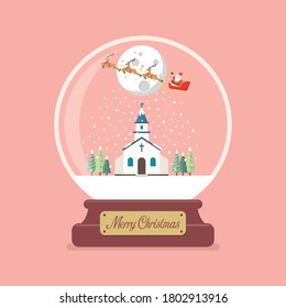 Una bola de cristal de navidad con Santa sleigh sobrevolando la iglesia. Ilustración del vector