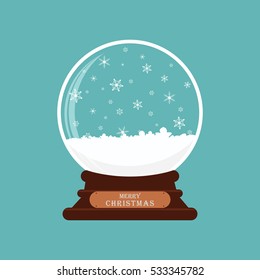 Merry christmas glass ball with snow. Christmas globe with snow on blue background. Vector illustration.