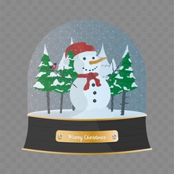Merry Christmas Glass Ball With A Snowman And Christmas Trees In The Snow. Snow Globe Vector