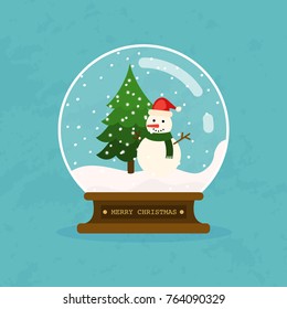 Merry christmas glass ball with snowman and tree. Flat design modern vector illustration concept.