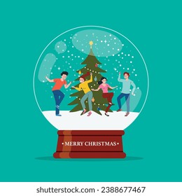 Merry Christmas glass ball with Christmas tree, Different young women and men dancing. Vector flat cartoon illustration