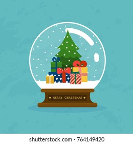 Feliz Navidad, bola de vidrio con árbol de Navidad y regalos. Diseño plano concepto moderno de ilustración vectorial.