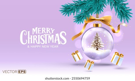 Merry Christmas, glass New Year ball with gold ribbon bow. Vector illustration