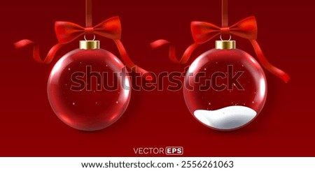 Merry Christmas, glass New Year ball with red ribbon bow. Vector illustration