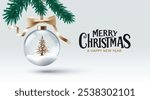 Merry Christmas, glass New Years ball with Christmas tree and snow. Vector illustration