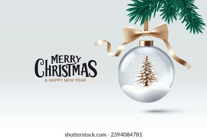 Merry Christmas, glass New Year's ball with Christmas tree and snow. Vector illustration