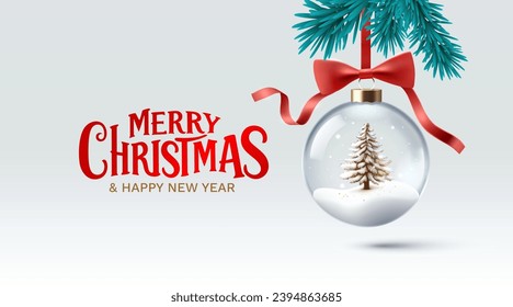 Merry Christmas, glass New Year's ball with Christmas tree and snow. Vector illustration