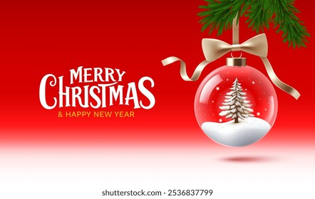 Merry Christmas, glass New Years ball with Christmas tree and snow. Vector illustration