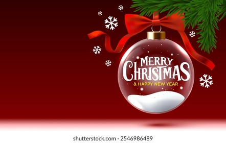 Merry Christmas, glass New Years ball with Christmas tree and snow. Vector illustration