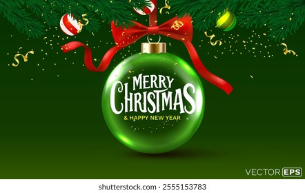 Merry Christmas, glass New Years ball with Christmas tree and snow. Vector illustration