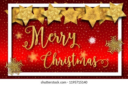 Merry Christmas with glitter gold texture and star,snowfall,snowflakes,winter,light,stars patterned paper cut art style on Luxury background.for greetings card, flyers, invitation.vector illustration