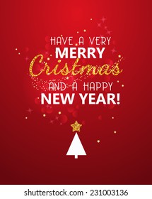 Merry Christmas glitter message on red shining background. New year poster.