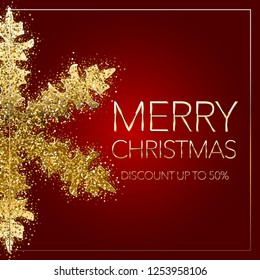 Merry Christmas Glittering Snowflake Vector Design. Discount Holiday Banner.