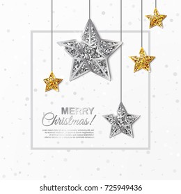 Merry Christmas Glowing Banner With Hanging Gold And Silver Stars On White Background. Vector Illustration. All Isolated And Layered