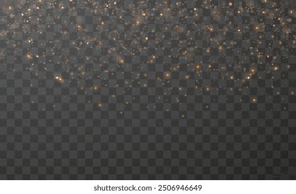 Merry Christmas Glowing Bokeh light and glitter texture overlay isolated on transparent background. Festive Sparkling Gold Dust. Xmas Holiday powder dust for poster, cards, invitations, banner