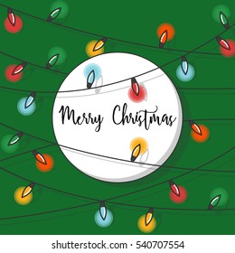 Merry Christmas with glowing lamps. Flat design vector illustration.