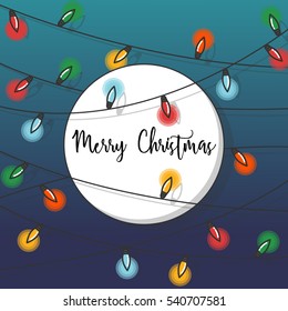 Merry Christmas with glowing lamps. Flat design vector illustration.