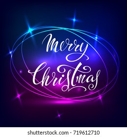 Merry Christmas. The glowing neon. Blue electric light. Vector banner for advertising design.