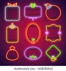 Merry Christmas glowing neon frames set with gift box, santa hat bag, angel, snowflakes and tree. Greeting card template. Vector clip art great for your holidays projects in retro-futuristic style.