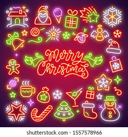 Merry Christmas glowing neon icons set. Greeting card. Vector poster design elements for your holiday projects.