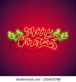 Merry Christmas glowing red neon sign. Greeting card. Vector poster illustration for your holiday projects in retro-futuristic style.