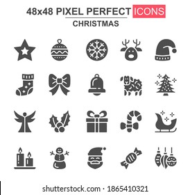 Merry Christmas glyph icon set. Christmas tree, santa hat, deer, snowman, candy stick, holly berry, candle unique icons. Flat vector bundle for UI UX design. 48x48 pixel perfect GUI pictograms pack.