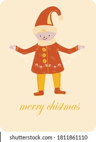 Merry Christmas gnome with a garland in his hands. Glowing garland of small stars. Smiling gnome in a red hat and red jacket with buttons. Suitable for holiday decorations, invitations and cards