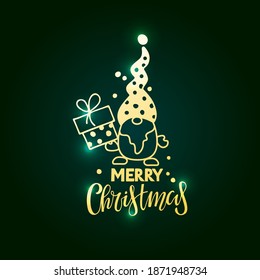 Merry Christmas Gnome. Golden Design on dark green background for Merry Christmas and Happy New Year Card, DIY, greeting card in doodle Style. Kids illustration. Happy New Year design template