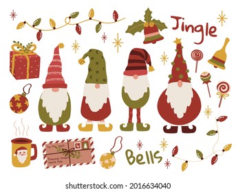 Merry Christmas gnomes, elves sticker set for greeting cards and backgrounds