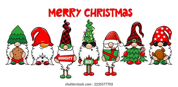 Merry Christmas gnomes with Christmas tree. Nordic magic dwarf. Cute holidays Elf with hat. Vector illustration for Harvest, Merry Xmas and Happy New Year.