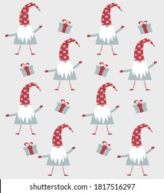 Merry Christmas gnomes wearing hats. New year's set. Suitable for gift paper, postcards. Vector illustration.