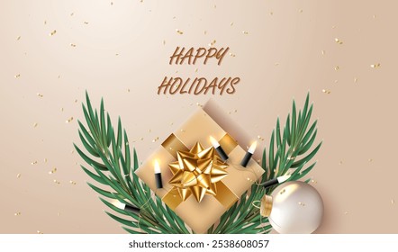 Fondo de oro de Navidades alegres. Bola de perlas realista, caja de regalo de oro con arco de brillo y elemento de decoración de ramas de Navidades. Tarjeta Festiva con lámpara. Vector de Navidad y feliz año Nuevo Anuncio.