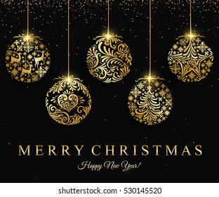 Merry Christmas gold ball decoration for greeting card, invitation, celebratory design. Vector illustration