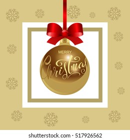 Merry Christmas. Christmas gold ball with a festive red silk bow with ribbons and snowflakes