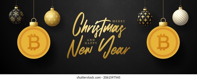 Merry Christmas gold bitcoin symbol banner. bitcoin sign as christmas bauble ball hanging greeting card. Vector image for xmas, finance, new years day, banking, money