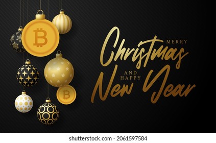 Merry Christmas gold bitcoin symbol banner. bitcoin sign as christmas bauble ball hanging greeting card. Vector image for xmas, finance, new years day, banking, money
