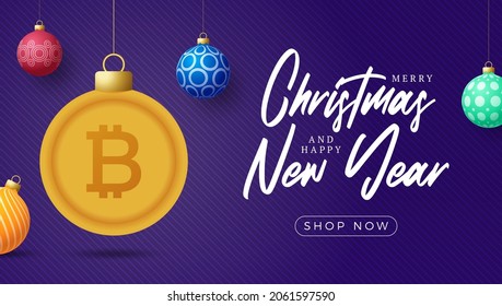Merry Christmas gold bitcoin symbol banner. bitcoin sign as christmas bauble ball hanging greeting card. Vector image for xmas, finance, new years day, banking, money