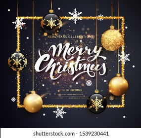 Merry Christmas gold and black colors Greeting card web banner or poster with christmas balls gold glitter confetti and shine. Luxury golden and black color invitation. Vector illustration for web.