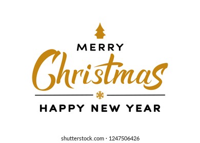 Merry Christmas gold and black hand lettering text. Celebration sign for winter holiday design, postcard, poster, invitation, banner and sticker. Holiday quotation in calligraphy. Vector illustration.