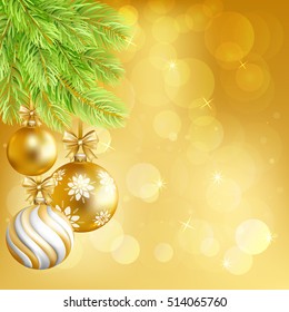 Merry Christmas gold bokeh background with gold  balls and fir-tree. Vector illustration.