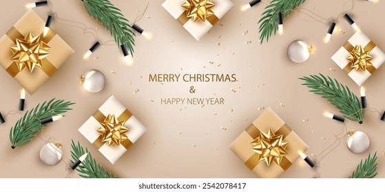 Fondo de Anuncio marrón dorado de Navidades alegres. Ramas verdes realistas, decoración de la lámpara, cajas de regalo con arco de oro y confeti. Tarjeta Festiva. Vector X-mas y feliz año Nuevo diseño.