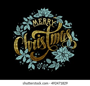 Merry Christmas Gold Calligraphic Lettering Design decorated with Christmas Wreath.