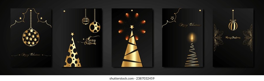 Merry Christmas gold collection, black set template, holiday tree and xmas elements, stars e baubbles. Golden luxury frames ideal for greeting card, poster or web design, vertical black background 