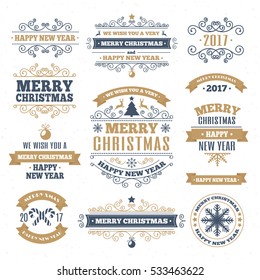 Merry Christmas gold color emblem set with congratulation for your greeting card, poster and design. Decoration christmas label. Happy New Year. Vector Illustration