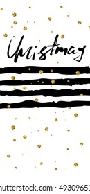 Merry Christmas gold design greeting card. Hand-drawn lettering.