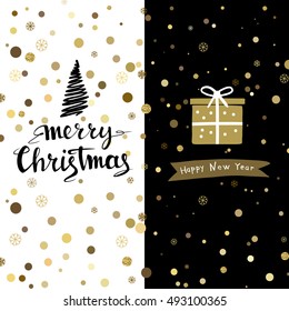 Merry Christmas gold design greeting card with funny gift and hand-drawn  stylized fir-tree. Hand-drawn lettering. 